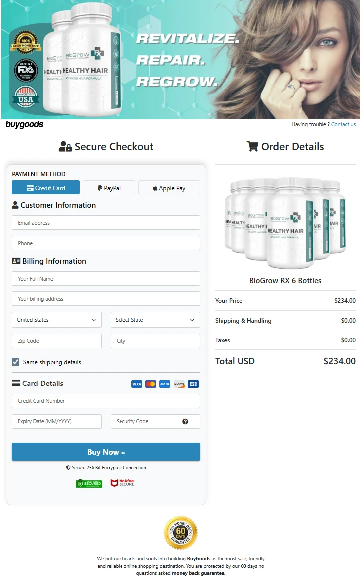 Secure BioGrow checkout page for supplement orders